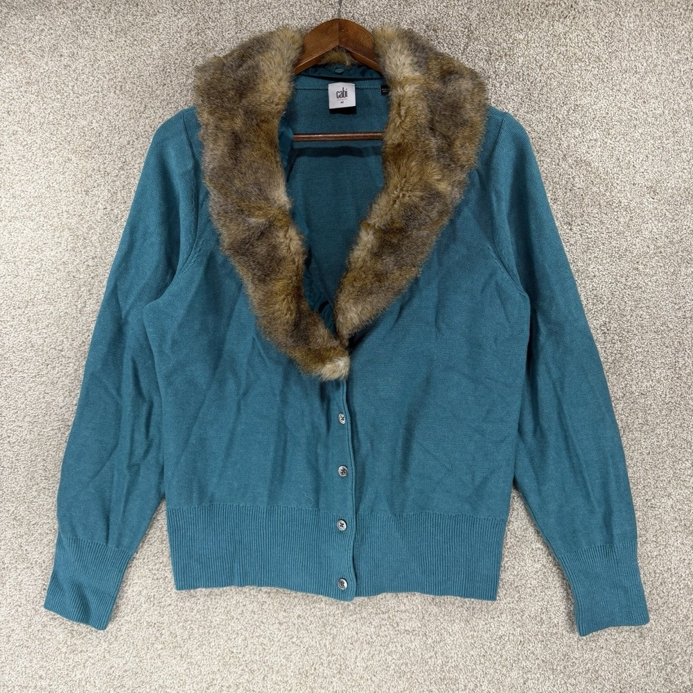 Cabi XL Cardigan‎ Sweater Jacket Removable Faux Fur Trim Teal Y2K Posh Preppy